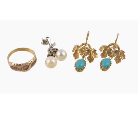  A pair of 9 carat gold synthetic turquoise ear pendents,   designed as vine leaves with oval cabochon synthetic turquoise dr
