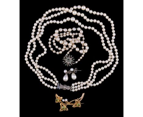  A cultured pearl necklace,   the three stranded necklace composed with graduating cultured pearls, to a marcasite set clasp,