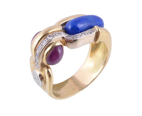  A lapis lazuli, ruby and diamond ring,   of abstract design, set with an oval cabochon lapis lazuli, oval cabochon rubies an