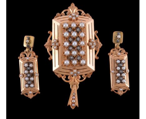  A French early 20th century locket and ear pendants,   the rectangular locket with scrolled foliate detail, set with half pe