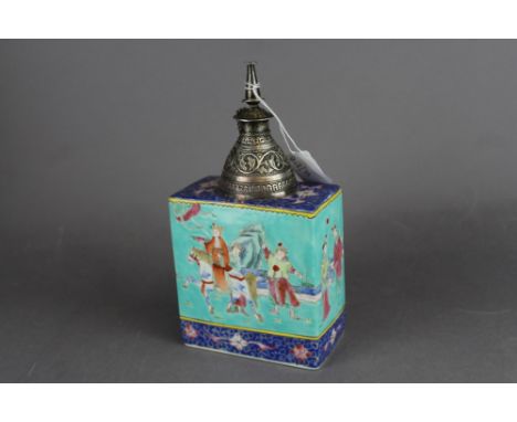 Chinese famille rose tea caddy with white metal mounts