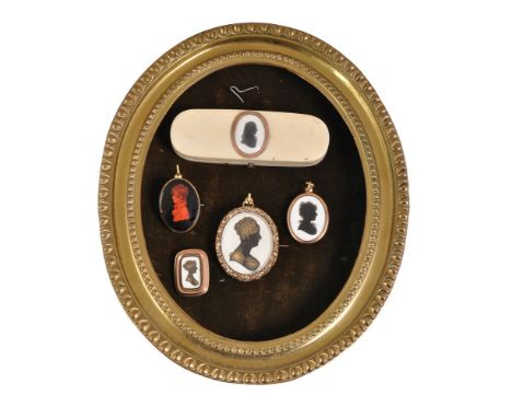 ϒ&nbsp;
A collection of profile portrait set jewellery, comprising: three brooches painted by John Miers, Miers studio or Joh