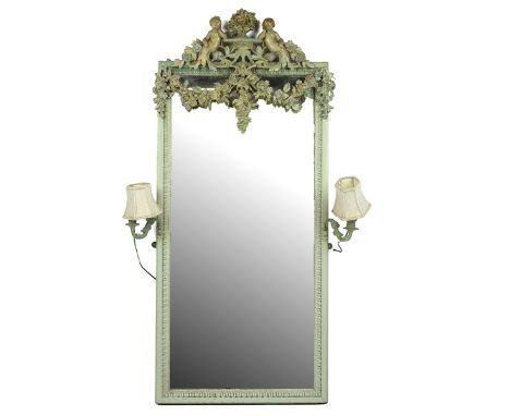 20th Century wall mirror, the finial decorated with two cherubs, floral swags and a repeating outline to the border, with fit