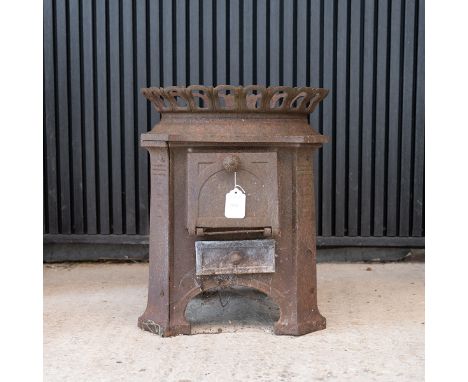 Vintage Italian cast iron garden brazier, with a single drop down door, 48cm high, 39cm diameter.
