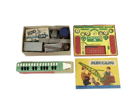 Boxed Meccano Outfit No.1, loose construction set parts (possibly Trix and Meccano) and a cased Hohner Melodica.