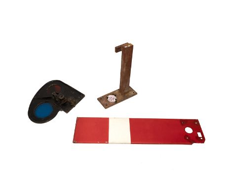 Railway interest. Vintage GWR cast iron railway signal consisting of spectacle on metal base and arm. Blue and red glass pane