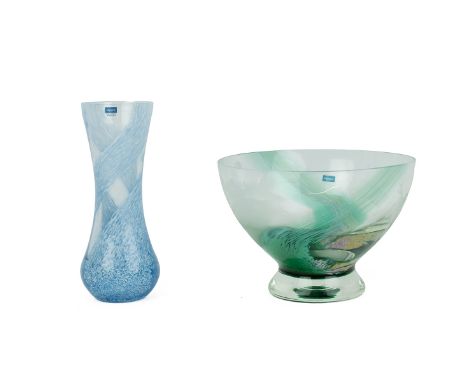 Caithness glass to include: a footed bowl etched with deer in a landscape with a green and polychrome swirl; and a blue and w