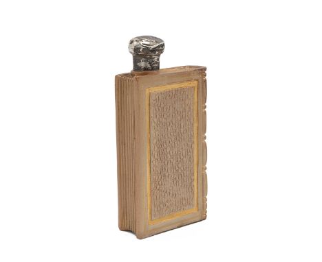 Doulton Lambeth late 19th Century hip flask in the form of a book with the title 'Enquire Within' on the spine, with silver c