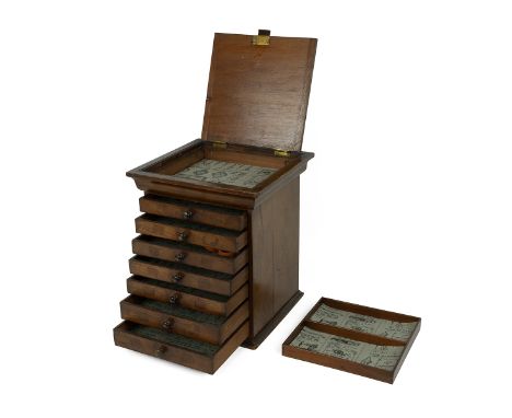 Late 19th Century/early 20th Century tailor's mahogany table top tool chest with hinged cover opening to reveal a sub-divided