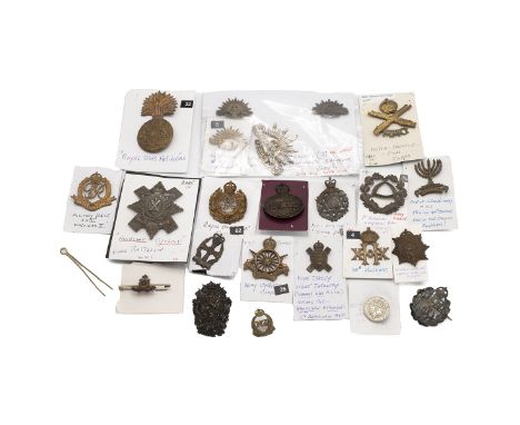 Quantity of military badges (23). Including: Highland Cyclist Battalion, Engineers, Royal Army Chaplain Jewish, Queen Alexand