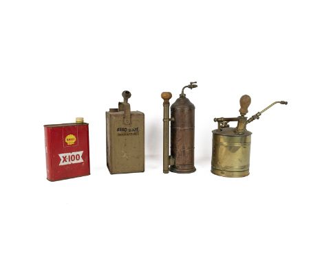 Two vintage oil cans, including Shell and Esso, along with two brass and copper atomisers.&nbsp;