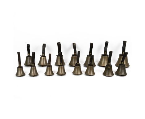 Set of 15 handbells suitable for change ringing or tune ringing the notes: G, A, B, C, D, E, F#, F, G, A, B, C, C#, D and E. 