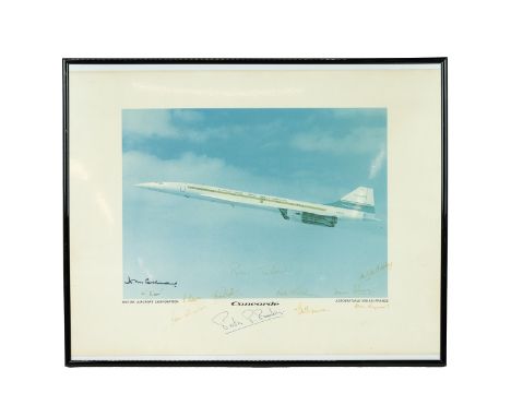 Concorde Interest. 1970s framed and autographed photographic print of a Concorde test plane G-BSST. Signed in felt-tip pen by