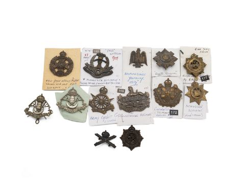 Military badges (11). Including: 1st Wilts Volunteers x 2, Army Cyclist Corps, Middlesex Regiment &amp; Public Works Pioneer 