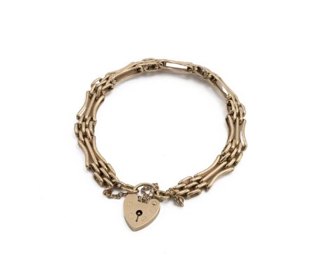 9ct Gold three bar gate bracelet with safety chain and padlock, hallmarked 375, maker LC, weight 15.9g