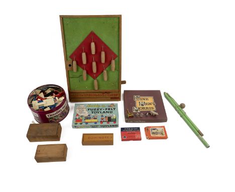 Mixed vintage toys including: wooden tabletop skittles; 3 x boxes of dominoes; Small tin of vintage Lego; 4 x vintage board g