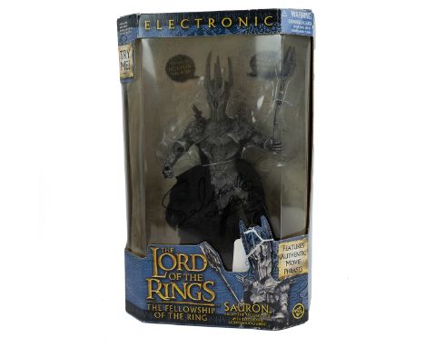 Autographed Sauron action figure, Lord of the Rings, Fellowship of the Ring by Toy Biz, c2003. Boxed, electronic light and so