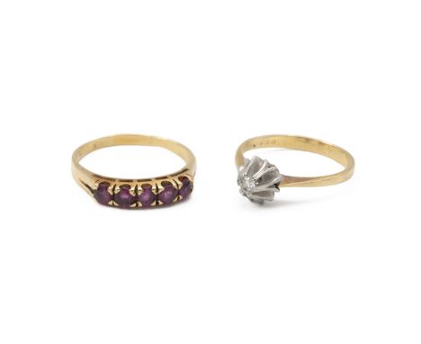 Diamond single stone ring, stamped &lsquo;18ct&rsquo;; with an unmarked five stone dress ring.