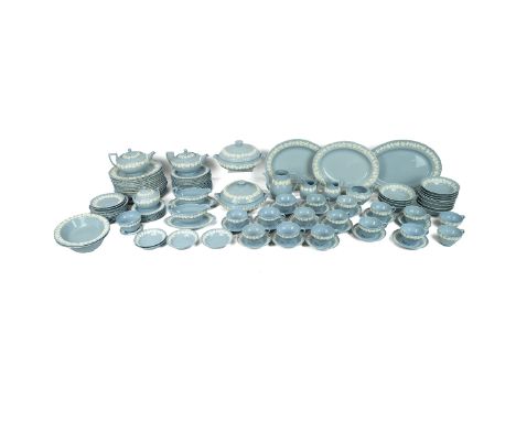 Wedgwood 'Queen's Ware' embossed dinner and tea service, in pale blue ground with applied grapevine pattern in white. 12 sett
