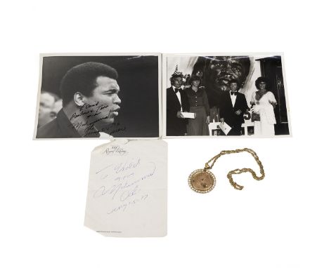 Muhammad Ali autograph group. Consists of 10" x 8" black and white portrait photo of Ali dedicated in felt tip pen 'To David,