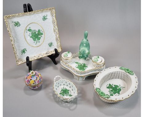 Collection of Herend Hungary 'Chinese Bouquet' green design items to include: desk inkwell with bird, square section dish, tw