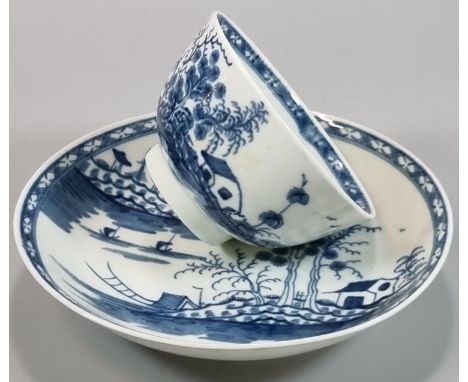 18th century first period Worcester blue and white tea bowl and saucer in the 'Rock Strata Island' pattern. Blue crescent mar