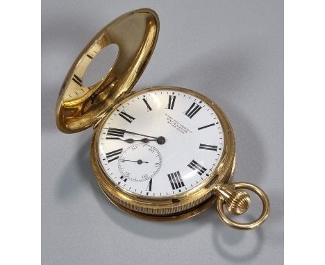 18ct Gold half Hunter top wind Pocket Watch having white Roman face with seconds hand, marked West End Watch Company, " Excel