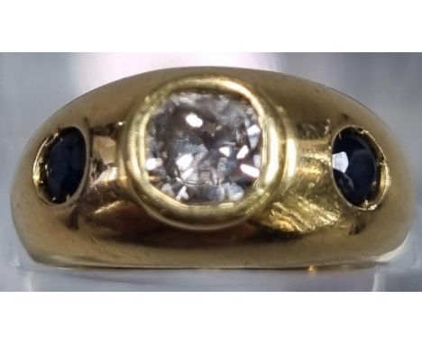 Yellow metal probably 18ct gold three stone diamond and sapphire ring. 9.5g approx. Ring size K 1/2. 0.45ct approx.(B.P. 21% 