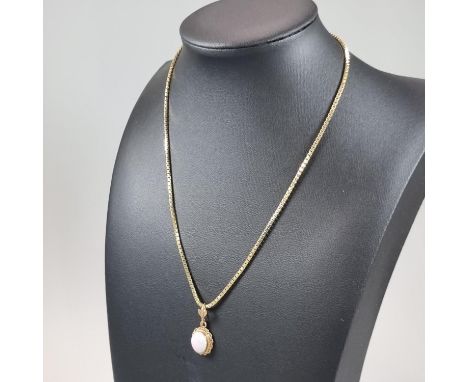 9ct gold chain or necklace with opal cabochon stone pendant in gold mount. 38cm long, 8.6g approx.(B.P. 21% + VAT) 