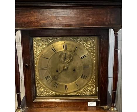 18th Century oak 8 day longcase clock, having moulded cornice above square aperture flanked by turned pillars, the moulded wa