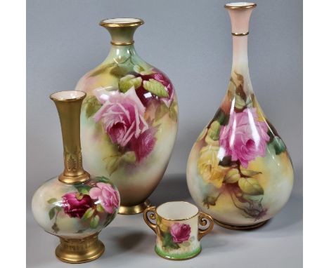 Collection of three Royal Worcester porcelain vases, all hand painted with roses and foliage, one signed W E Jarman.  20cm hi