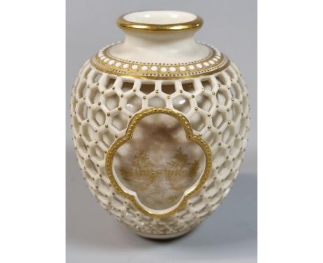 Early 20th century Royal Worcester double walled reticulated vase, probably by George Owen, of ovoid form, the outer wall ret