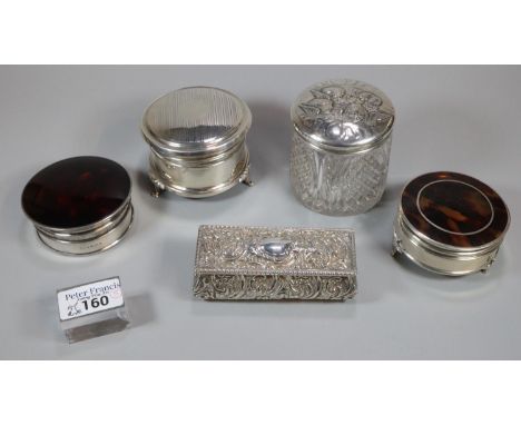 Collection of silver vanity items to include: two similar silver and tortoiseshell dressing table ring/jewellery boxes, both 