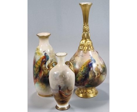 Royal Worcester porcelain vase hand painted with Peacocks in a landscape. Shape No. H3047. 20.5cm high approx. Unsigned. Toge