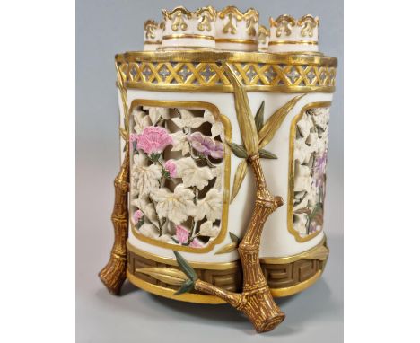 Late 19th century Royal Worcester porcelain blush ivory and gilded five section spill vase/bough pot, in Japanese taste with 