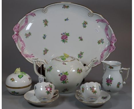 Herend Hungary porcelain cabaret set, overall decorated with floral sprays and encrusted rosebuds as finials to include: pair