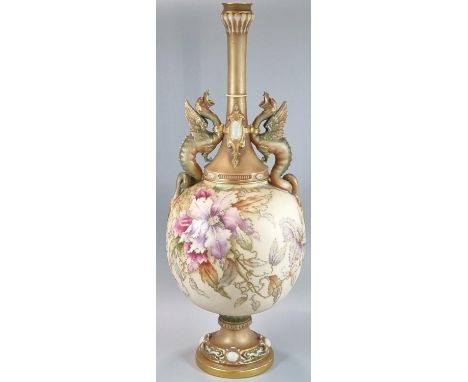 Late 19th century Royal Worcester blush ivory centre vase, the Griffin handles above a globular body hand painted with raised