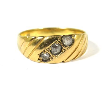 18ct Yellow Gold Signet Ring set with Three Diamonds,. Finger size 'O'   4.1g