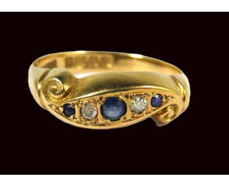 18ct Yellow Gold Ring Set with Three Sapphires and Two Diamonds.  Finger size 'P-5'   3.7g ..Hallmarked for Birmingham 1919. 