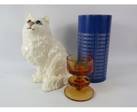 Large Beswick Persian cat plus a Wedgwood peach glass candlestick with box.