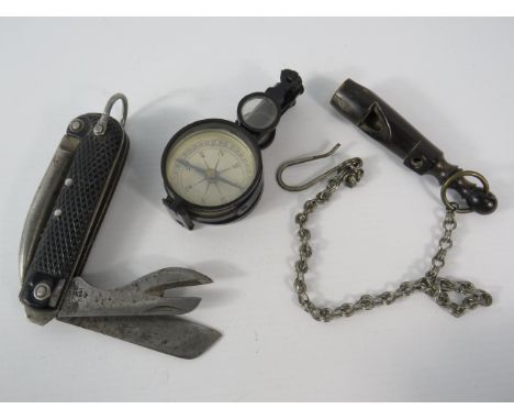 Interesting mixed lot to include a arrow marked 1942 pen knife, compass with mirror &amp; a whistle.