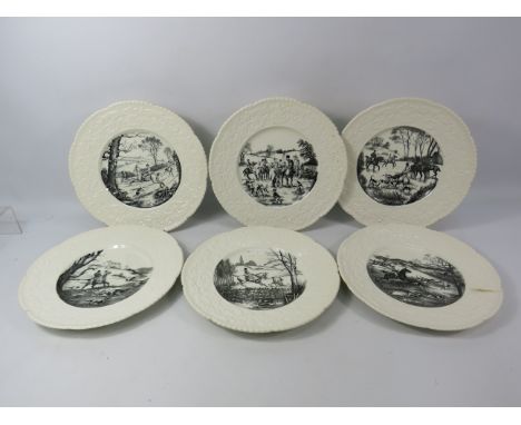 Royal Cauldon vintage plates with hunting scenes in black and white, 11" diameter.