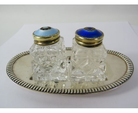 Norwegian 925 silver &amp; Guilloche enamel cruets with complete with original silver tray.