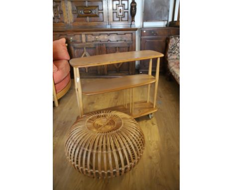 Small Ercol Divider/Bookcase H:28 x W:36 x D:12 inches.  plus a Rattan Lobster pot pouffe.  Both in very good condition. See 