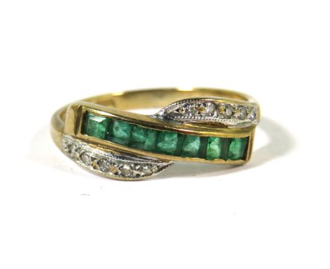9ct Yellow Gold Ring set with Emeralds &amp; Diamonds.  Finger size 'L'    1.6g