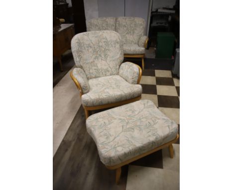 Ercol Blondewood chair with matching footstool in the Jubilee style , both in excellent condition.  See photos.,