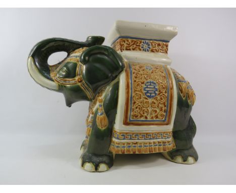 Large Majolica style Elephant plant stand, 16.5" tall and 23" long.