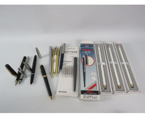 Selection of various fountain pens, ballpoint pens and pencils, Shaffer, Parker, Swarovski etc.