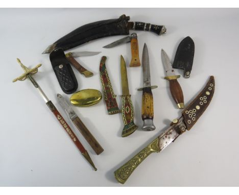 Selection of various knives including Kukri, antler handle, tourist pieces, penknives etc.