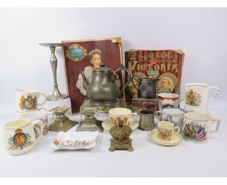 Mixed lot to include a Pewter teapot, candle sticks, Royalty comemorative china and booklets.